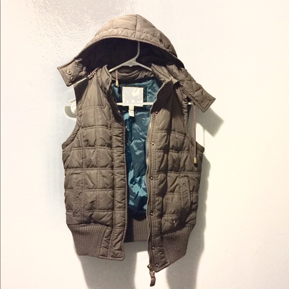Olive Green/Brown Hooded Puffer Vest